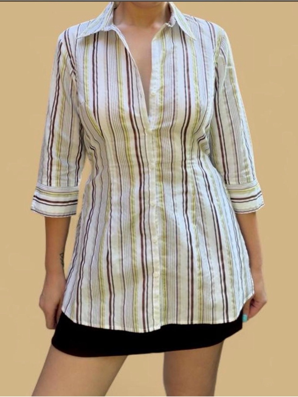 Vintage 90s Y2K Striped Metallic Button Up Tunic Top